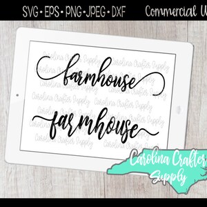May include: A digital design featuring the text "farmhouse" in a handwritten font. The design is displayed on a white tablet with a blue and white outline of the state of North Carolina and the text "Carolina Crafter Supply".