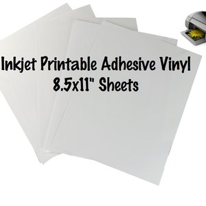 May include: A stack of white 8.5x11 inch inkjet printable adhesive vinyl sheets. The sheets are designed for use with inkjet printers.