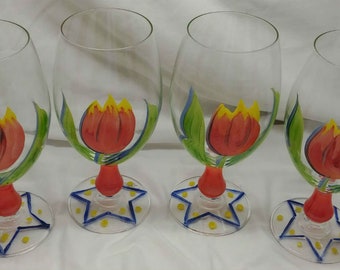 Italian Wine Glasses or Water Goblets Hand Painted from Italy - Tulips - NEW