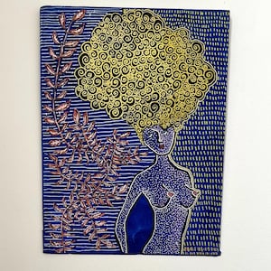 Pintura acrílica de la dama naturaleza, pintura de la madre naturaleza, pintura azul, arte divertido, obra de arte acrílica, regalo único, dama, cabello grande