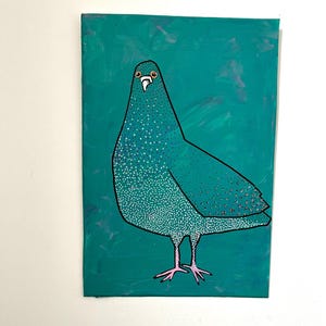 Pintura de una paloma, arte de paloma verde, arte acrílico original de aves, obra de arte animal, pintura divertida, regalo único, arte de regalo, pintura de aves
