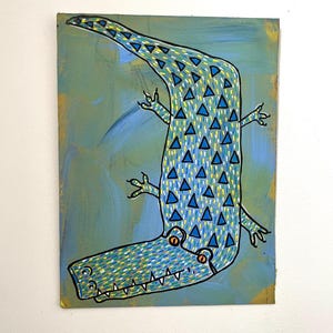 Pintura acrílica original de un cocodrilo, obra de arte divertida, arte de cocodrilo, decoración de habitación infantil, arte acrílico, pintura única, arte de regalo