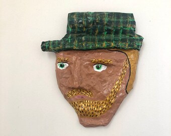 Man in a hat wall art, Green hat face portrait wall decor, Farmer in a hat original artwork, wall hanging, folk art, whimsical art, gift