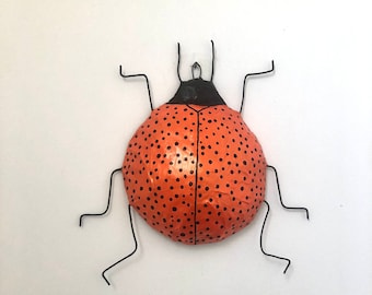 Orange Ladybird sculpture, Ladybird wall art, insect art, folk art, whimsical art, recycled art, Orange decor, unique gift, original artwork