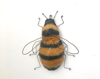 Bumblebee sculpture, bumble bee wall art, bee art, insect art, wall hanging, folk art whimsical art, unique gift, paper mache bee, recycled