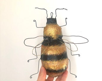 Paper mache bee ornament, bumblebee wall art, bumblebee wall hanging, bee art, folk art, whimsical art, unique gift, insect art, insect