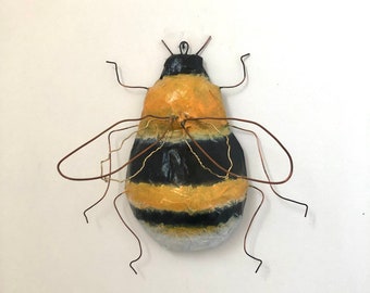 Paper mache bee sculpture, bumblebee art, bee art, bumblebee ornament, bee decor, insect art, folk art, whimsical art, unique gift