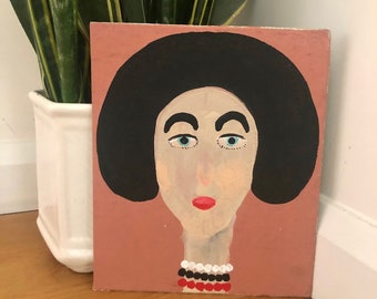 Portrait painting of lady with black hair, acrylic painting of lady, simplistic painting, minimalist painting, folk art, unique gift