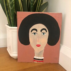 Portrait painting of lady with black hair, acrylic painting of lady, simplistic painting, minimalist painting, folk art, unique gift image 1