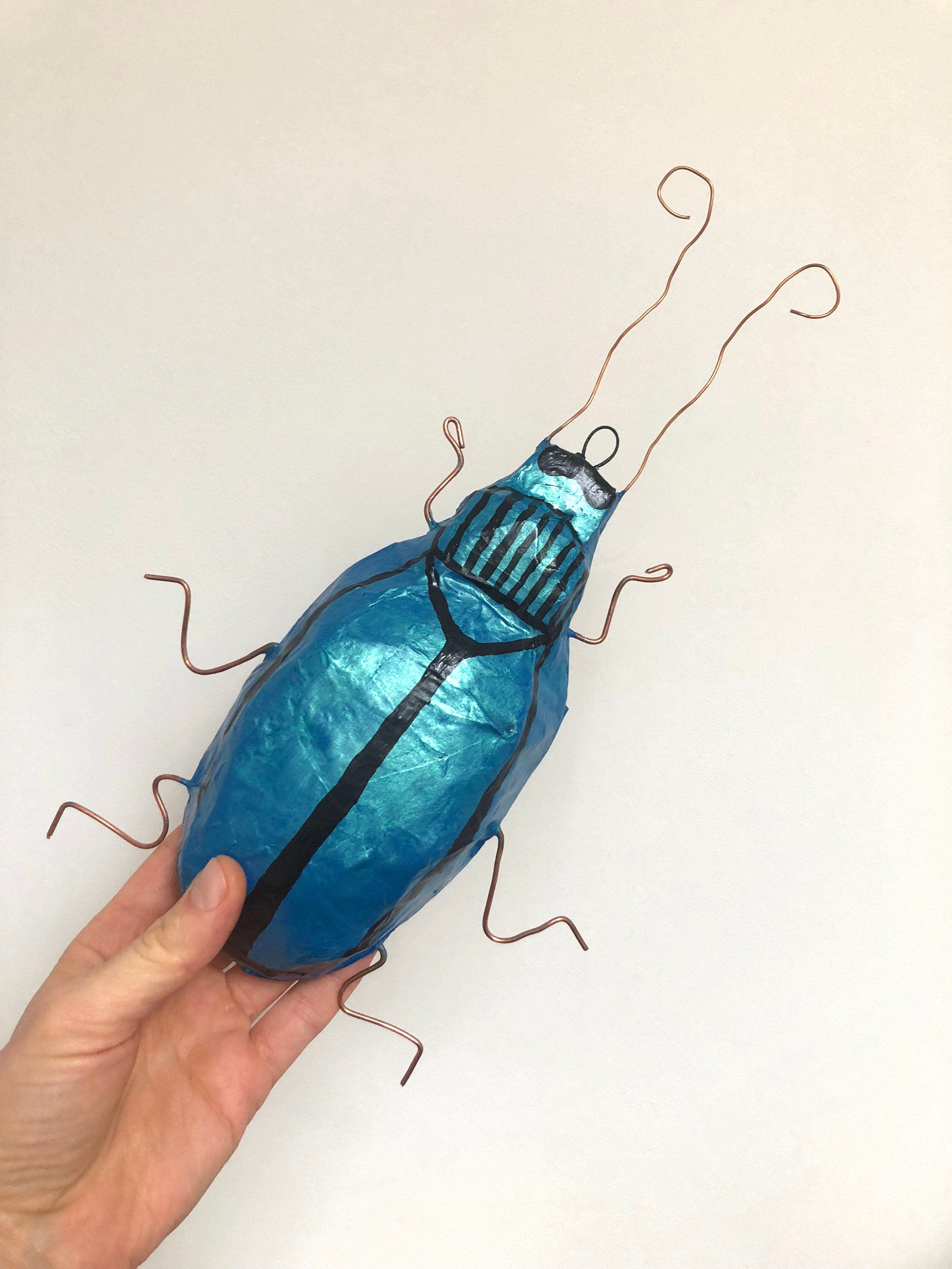 Paper mache Blue Beetle Insect art Paper mache Bug decor Etsy