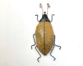 Paper mache dotty Beetle sculpture, speckled dotty insect artwork, bug art, beetle art, folk art, wall art, wall hanging, whimsical art