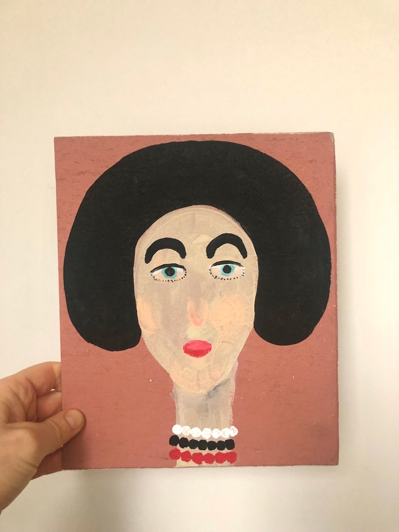 Portrait painting of lady with black hair, acrylic painting of lady, simplistic painting, minimalist painting, folk art, unique gift image 3