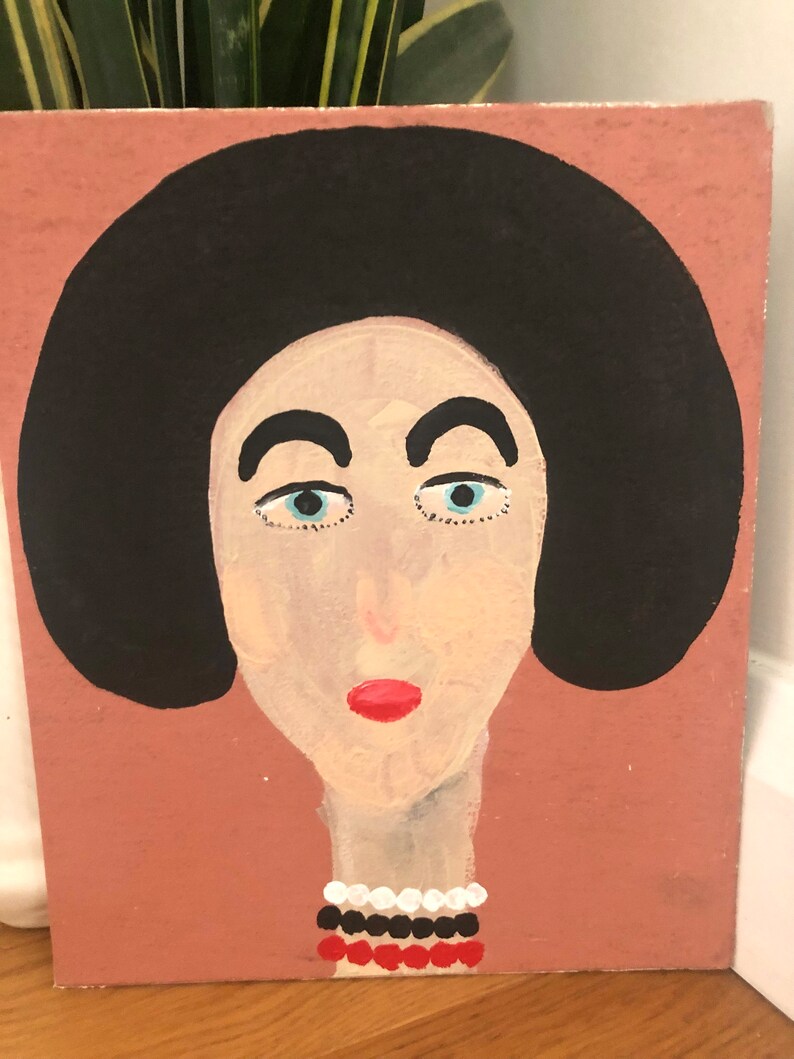 Portrait painting of lady with black hair, acrylic painting of lady, simplistic painting, minimalist painting, folk art, unique gift image 8