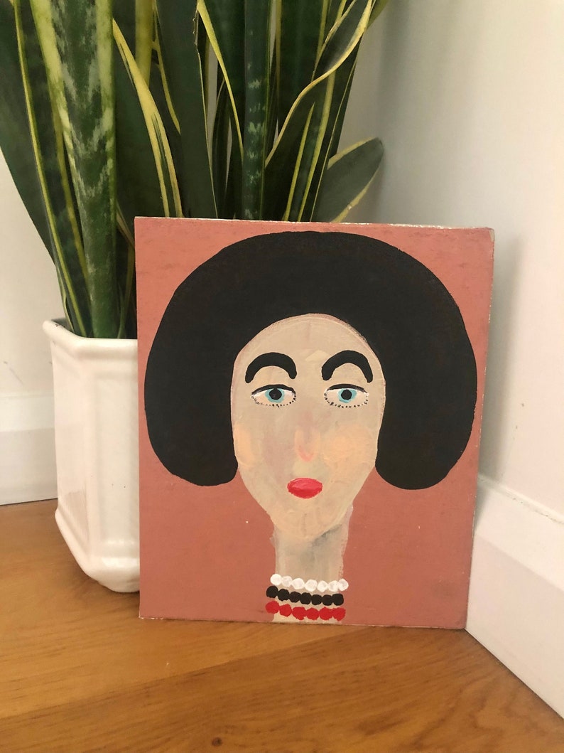 Portrait painting of lady with black hair, acrylic painting of lady, simplistic painting, minimalist painting, folk art, unique gift image 1