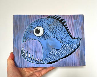 Acrylic painting of Deep Sea Fish, Angler fish art, Fish wall hanging, wall decor, fun art gift, unique artwork recycled sustainable present