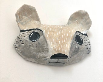 Paper mache small animal sculpture, wall decor, teddy bear, badger, racoon, original artwork, kids room decor, folk art, unique gift