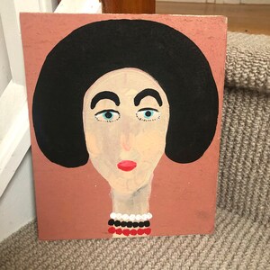 Portrait painting of lady with black hair, acrylic painting of lady, simplistic painting, minimalist painting, folk art, unique gift image 6