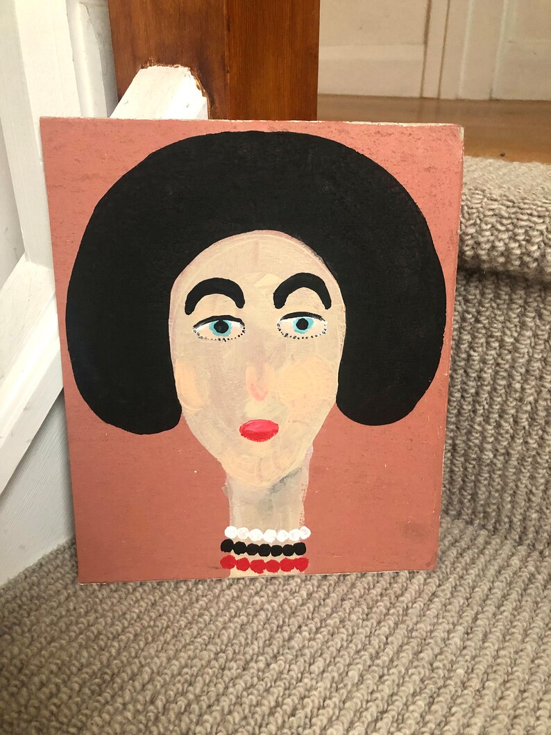 Portrait painting of lady with black hair, acrylic painting of lady, simplistic painting, minimalist painting, folk art, unique gift image 6