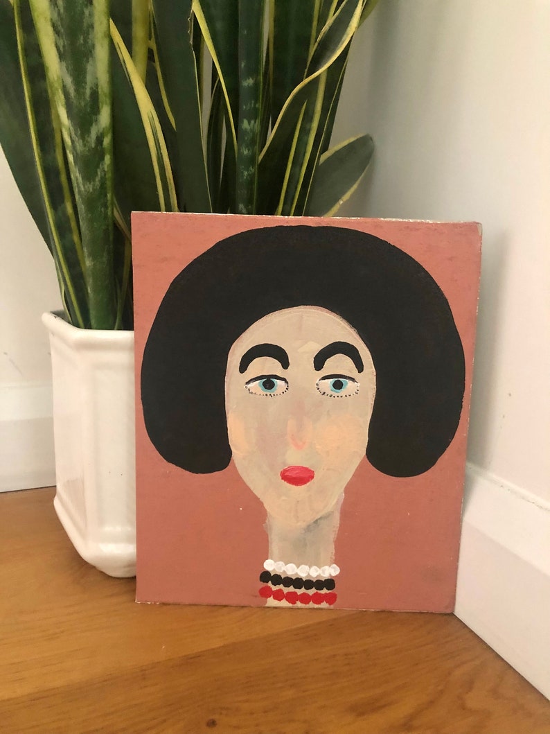 Portrait painting of lady with black hair, acrylic painting of lady, simplistic painting, minimalist painting, folk art, unique gift image 7