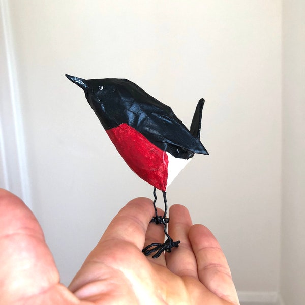 Paper mache bird sculpture, Pink Robin bird decor, original artwork, unique gift, folk art, recycled art, mixed media artwork