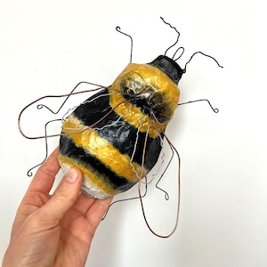 Bumble bee art, Paper mache bee sculpture wall art, bee artwork, insect art, bug art, unique gift, fun art, folk art, recycled, animal art