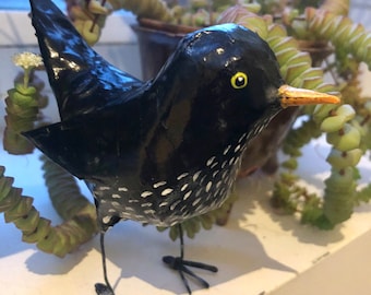 Paper mache small black bird sculpture, Black bird, Starling artwork, folk art, original art, bird sculpture, unique gift, festive decor