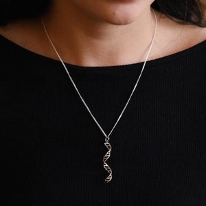 Può includere: Una collana con catena d'argento con un ciondolo d'argento a forma di doppia elica, una rappresentazione del DNA.