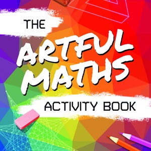 May include: A colourful book cover with a geometric design. The title is "The Artful Maths Activity Book" by Clarissa Grandi. The cover features a pink rubber, a red pencil, and a purple pencil.