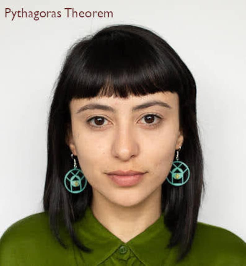 May include: A woman with black hair and bangs wearing a green shirt and turquoise earrings. The earrings are round and have a geometric design.