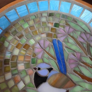 May include: A circular mosaic bird bath featuring a central blue and white bird with a long blue tail, surrounded by green leaves and pink flowers. The design is composed of small, multi-coloured glass tiles set in grey grout with a terracotta rim.