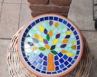 Garden outdoor mosaic ,  Birdbath ,  garden water bowl , unique gift for her , stained glass decor , botanical decor , native flora