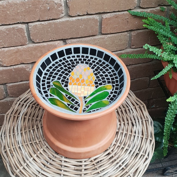 Mosaic birdbath, outdoor decor, gardener's gift, native flowers, Australian native, wattle flowers art print, native wall art, gum blossom