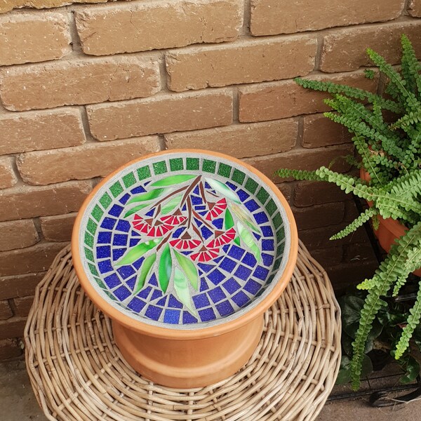 Garden outdoor mosaic ,  Birdbath ,  garden water bowl , unique gift for her , stained glass decor , botanical decor , native flora