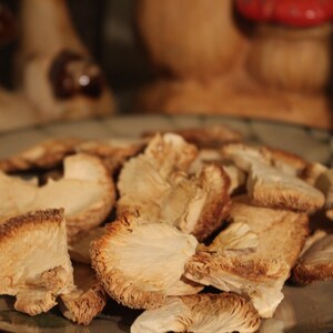 May include: A close-up of a plate of dried mushrooms. The mushrooms are light brown and have a slightly crispy texture.