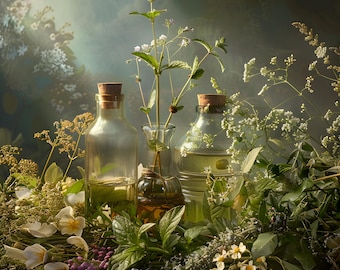 May include: Three glass bottles with cork stoppers filled with a clear liquid, surrounded by green plants and white flowers. The bottles are arranged in a row on a table, with the largest bottle in the center.