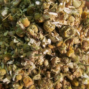 May include: Dried chamomile flowers, a pale yellow and green herbal tea blend. The flowers are dried and ready to be brewed for a relaxing beverage.