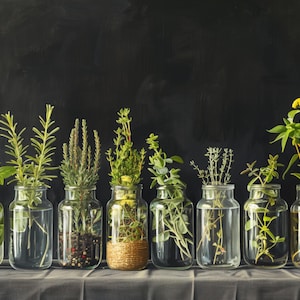 May include: Eight clear glass jars arranged in a row, each containing different fresh green herbs and plants in water. One jar features a base wrapped in natural twine, while another contains dark peppercorns at the bottom with the stems.