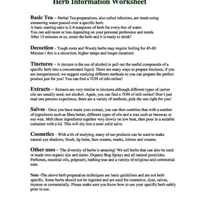 Puede incluir: Una hoja de trabajo en blanco y negro con el t&iacute;tulo "Herb Information Worksheet". La hoja de trabajo proporciona informaci&oacute;n sobre diferentes formas de preparar hierbas, incluyendo t&eacute; b&aacute;sico, decocci&oacute;n, tinturas, extractos, pomadas y cosm&eacute;ticos.