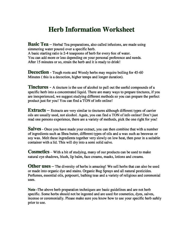 Puede incluir: Una hoja de trabajo en blanco y negro con el t&iacute;tulo "Herb Information Worksheet". La hoja de trabajo proporciona informaci&oacute;n sobre diferentes formas de preparar hierbas, incluyendo t&eacute; b&aacute;sico, decocci&oacute;n, tinturas, extractos, pomadas y cosm&eacute;ticos.