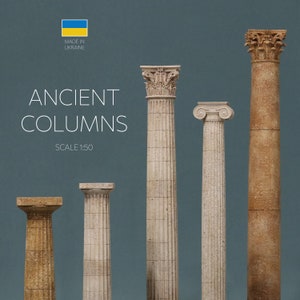 May include: Five different styles of ancient columns, made in Ukraine, at a scale of 1:50. The columns are made of a light brown stone and have intricate details.