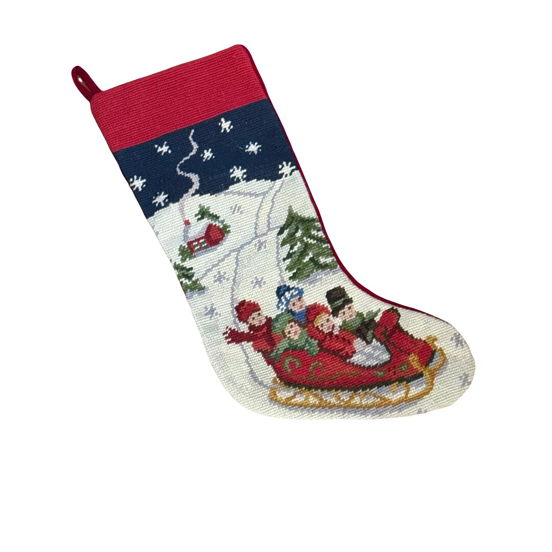 Vintage Needlepoint Christmas Stocking Sleigh Ride Kids Snow Preppy ...