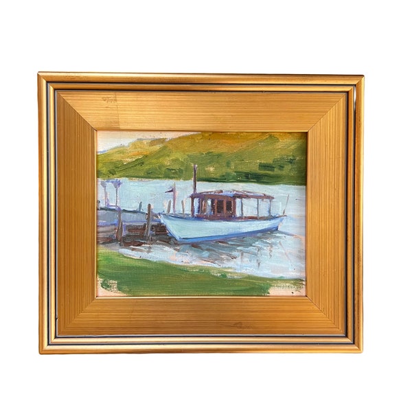 Vintage Impressionist oil Painting  | Boat at the Docks | Coastal Beach house decor