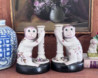 Vintage Porcelain Monkey Candleholders | Chinoiserie Grand Millennial Preppy Home Décor