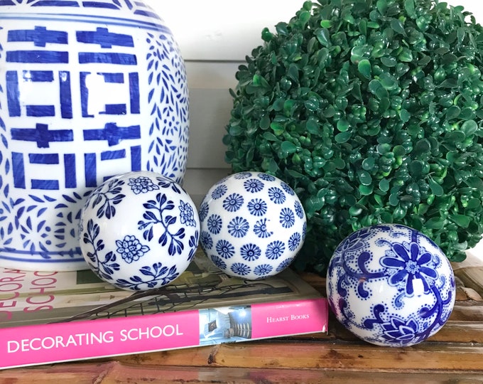 Blue and White Porcelain Carpet Balls Set of 3 Decorative Chinoiserie