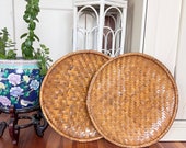 Vintage XL Wall Basket Pair Asian Woven Bamboo trays 18 quot Bohemian Coastal Decor