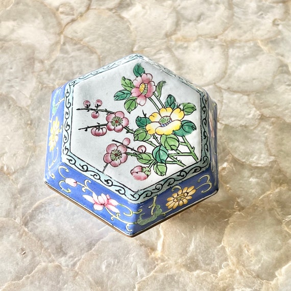 Luqeeg Enamel Jewelry Box, Blue Flower Metal Enamel Trinket