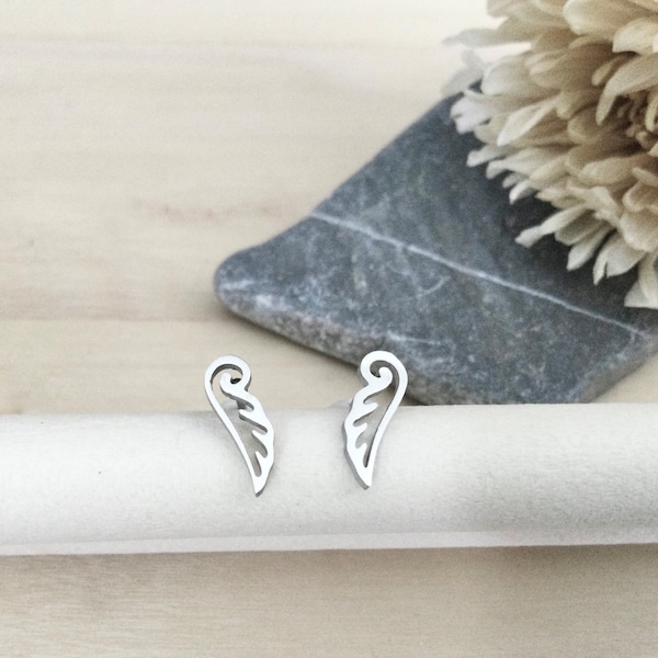 Small angel wing earrings with stud post, delicate angel wing earrings hypoallergenic stainless steel