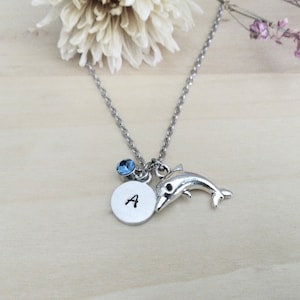 Silver dolphin birthstone necklace, silver dolphin pendant, dolphin jewelry with initial, dolphin child jewelry