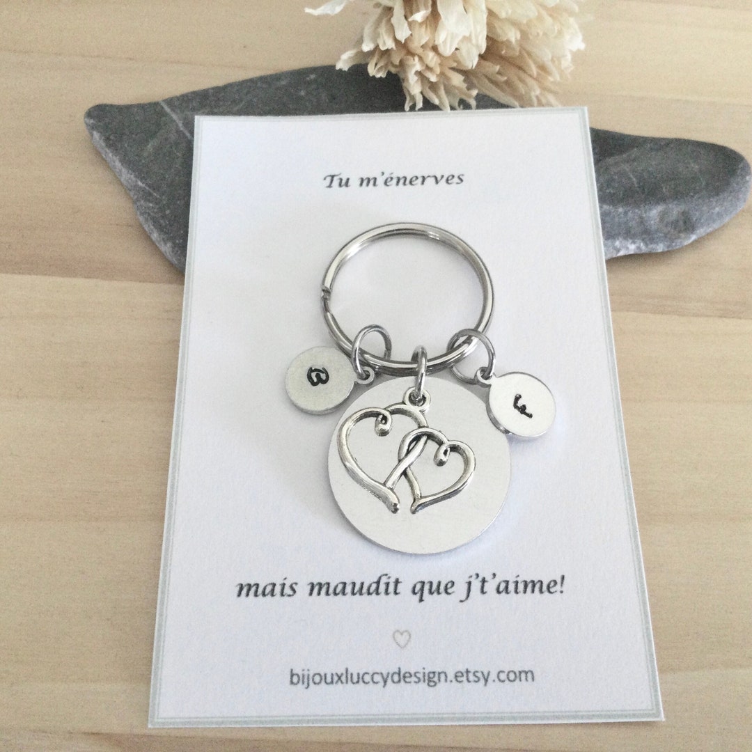 Silver Color Key Ring Double Heart Medallion Key Ring With Personalized Initials, Double ...