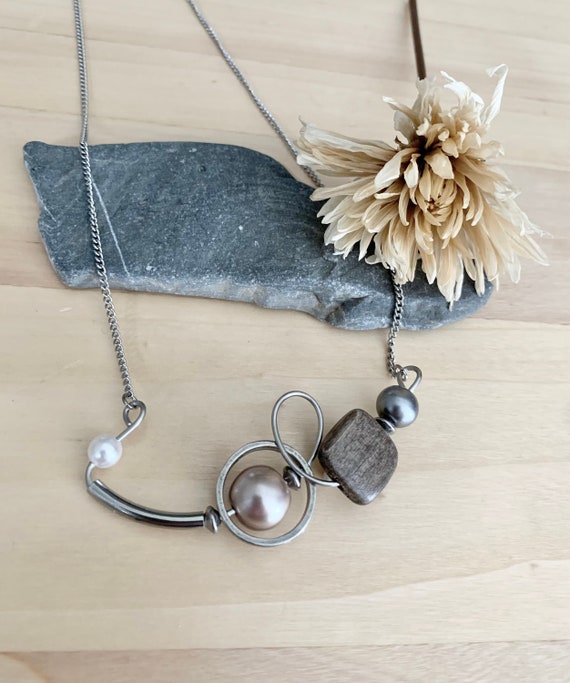 Turned Stainless Steel Wire Necklace Wood Beige Gray and White
